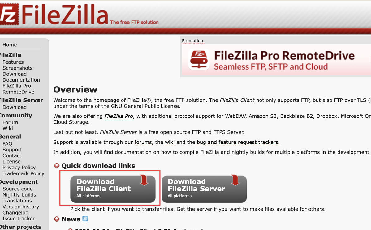 FileZilla 官網下載頁，紅框圈選 Download FileZilla Client 按鈕